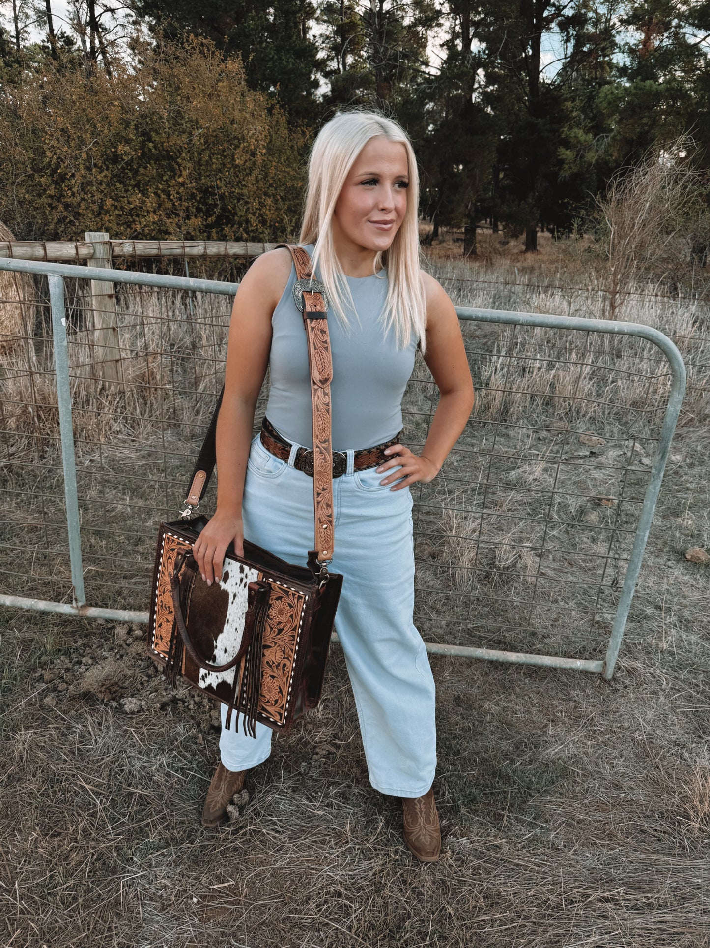 Nelly Tooled/Cowhide Tote Bag