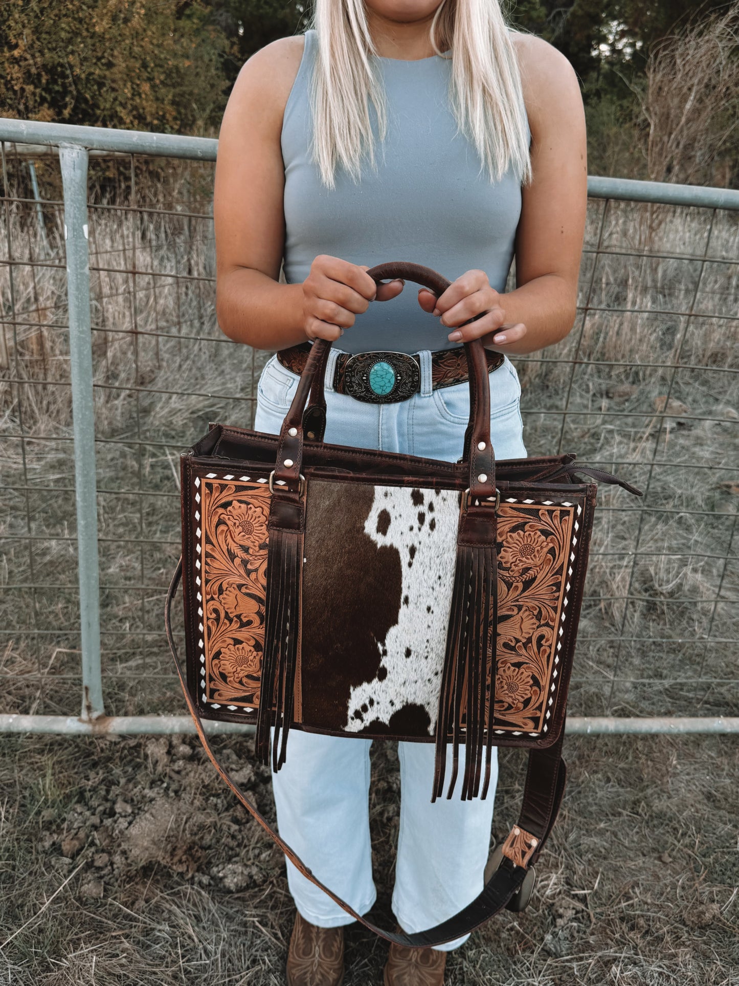 Nelly Tooled/Cowhide Tote Bag