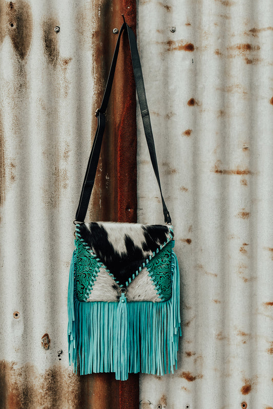 Tully Cowhide & Aqua Tassel Bag - Black