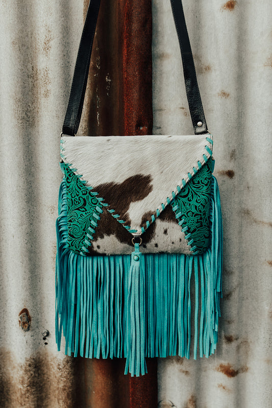 Tully Tassel & Cowhide Crossbody Bag - Light Brown Hide/White