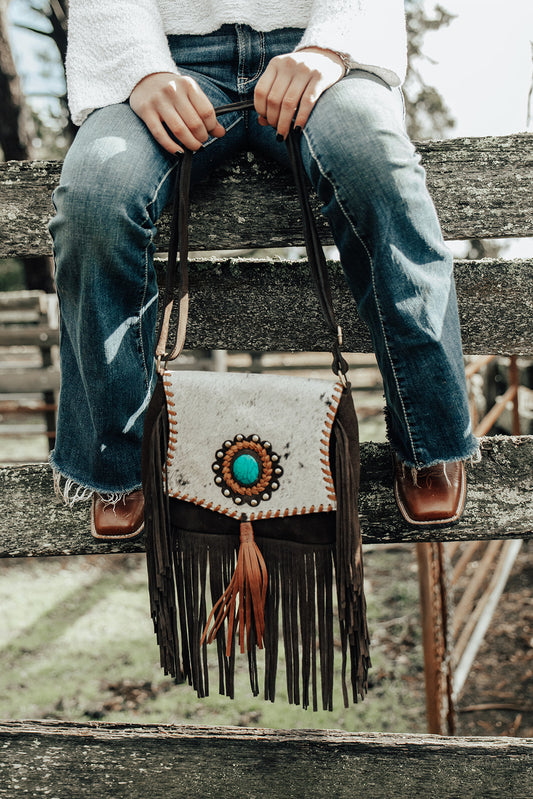 Savnnah White Cowhide Tassel Bag Dark Brown Suede